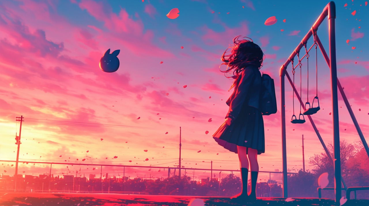夕暮れの校庭に立つ、うつむいた表情の小学生の少女と、そばに浮かぶ丸くて可愛らしい宇宙生物。桜の花びらが舞い、淡く切ない雰囲気の中で静かに見つめ合う、日本のアニメ風セル画調イラスト。
