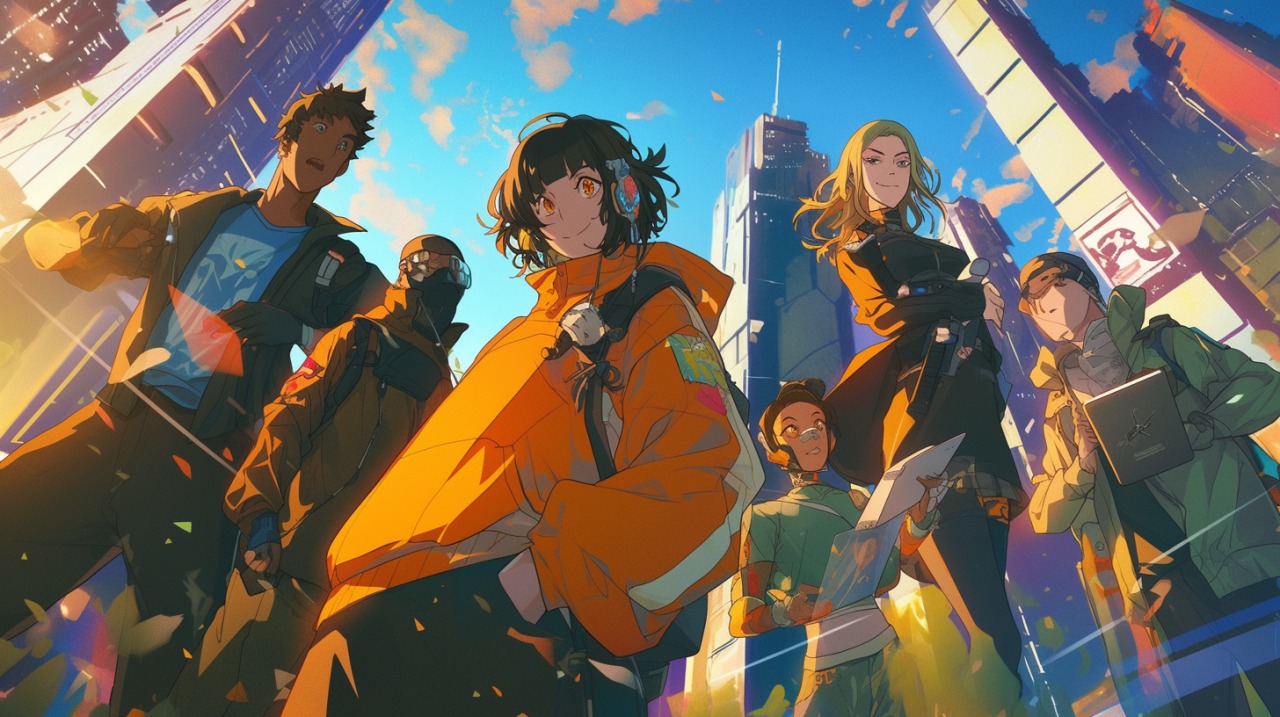 未来都市を背景に立つ7人の多国籍キャラクター。色彩豊かなセル画調のアニメイラストで、それぞれ異なる服装とポーズが際立つ。ポップでシネマティックな雰囲気。