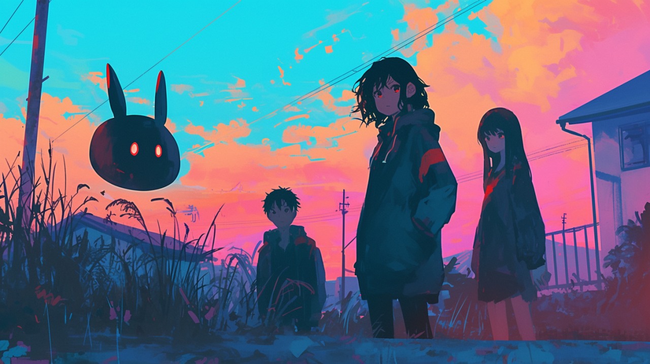 夕暮れの住宅街で向かい合う4人のキャラクター。無表情な少女のそばに浮かぶ不思議な生物、挑発的な表情の少女、静かに見守る少年、それぞれが異なる感情を表すアニメ風イラスト。色彩豊かでポップなセル画調が印象的。