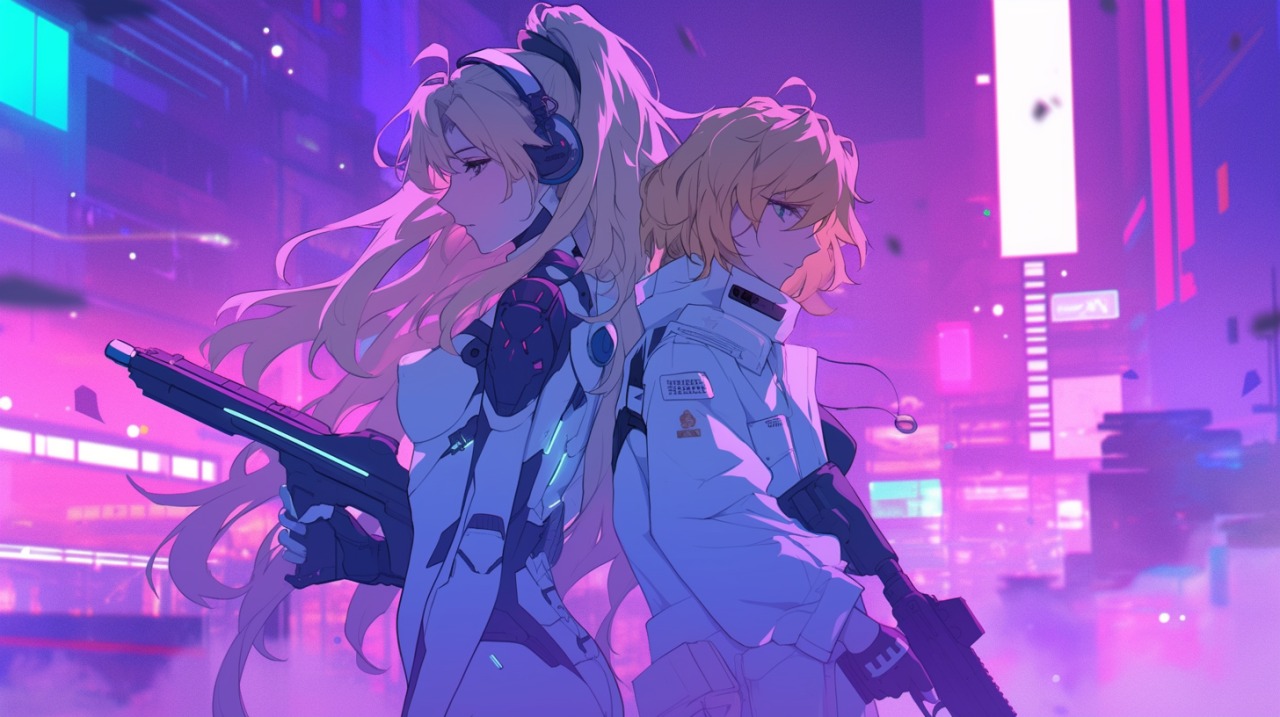 夕暮れのサイバーパンク都市を背に、背中合わせで立つ2人の女性キャラクター。左は白とグレーの服を着た内向的なハッカー風少女、右は金髪ショートで戦闘服姿の陽気な女性。ネオンの光が濡れた路面に反射し、静けさと緊張感が交差するアニメ風セル画調の構図。