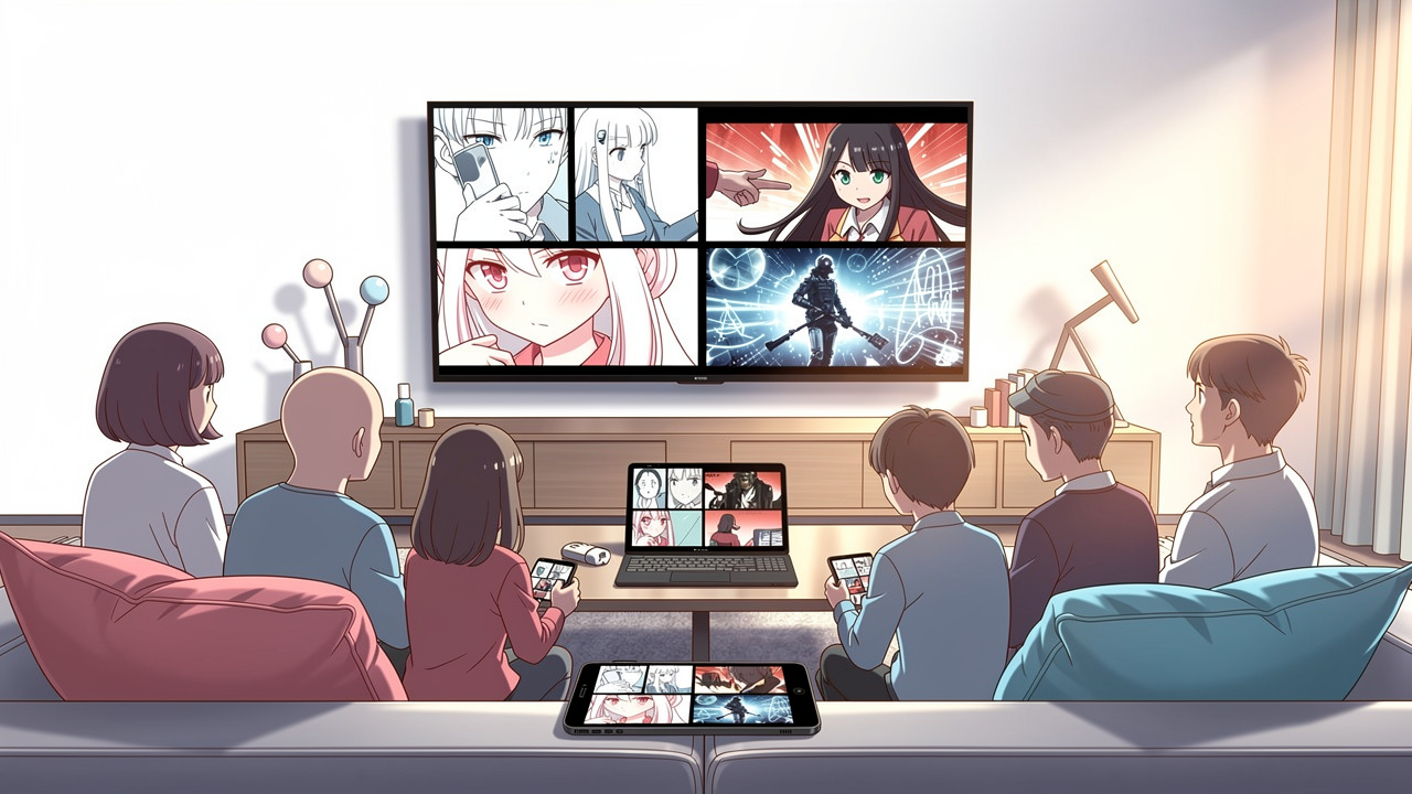 赤・オレンジ・黒のVODサービスを家族で別々に楽しむシーンの清潔なイラスト