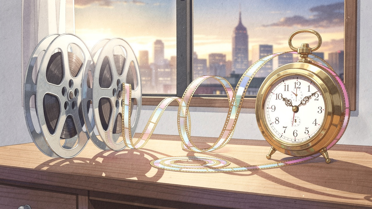 夕暮れの作業机に置かれた古いフィルムリールと真鍮の時計、12年越しに継承されたアニメ制作の系譜を象徴