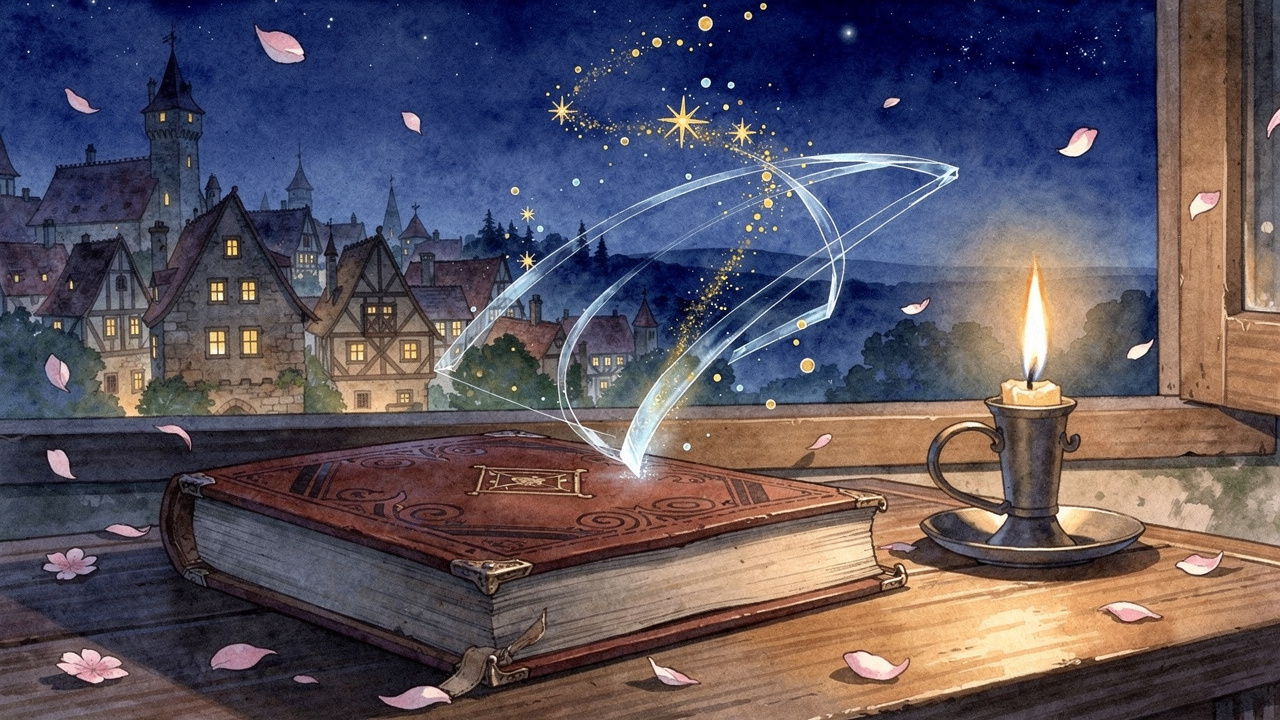 星空に灯る街の灯火と古びた魔導書のシルエット