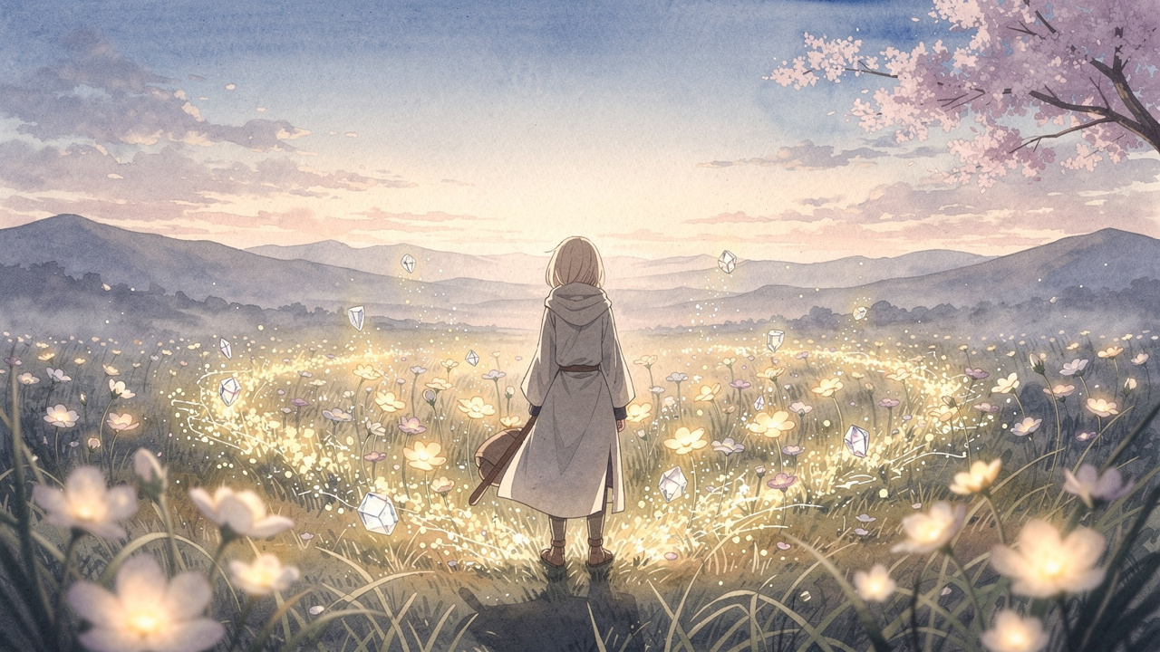 夕暮れの草原に花を咲かせる魔法の光と、それを見上げる旅人のシルエット