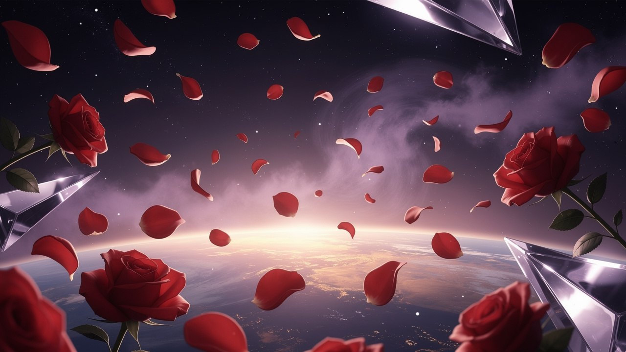赤い薔薇の花びらが宇宙空間を漂う様子と遠景の地球