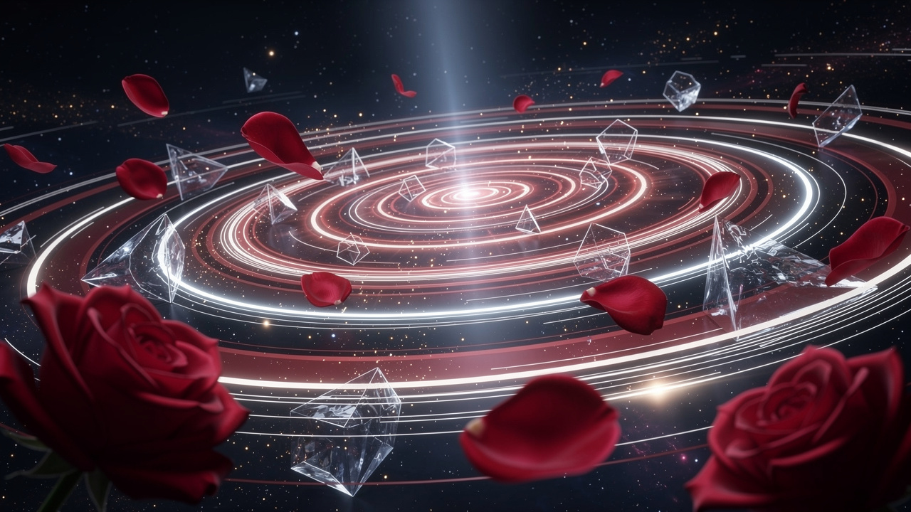 星空に浮かぶ抽象的なシンボルと薔薇の花びら・SNSの拡散波紋のメタファー