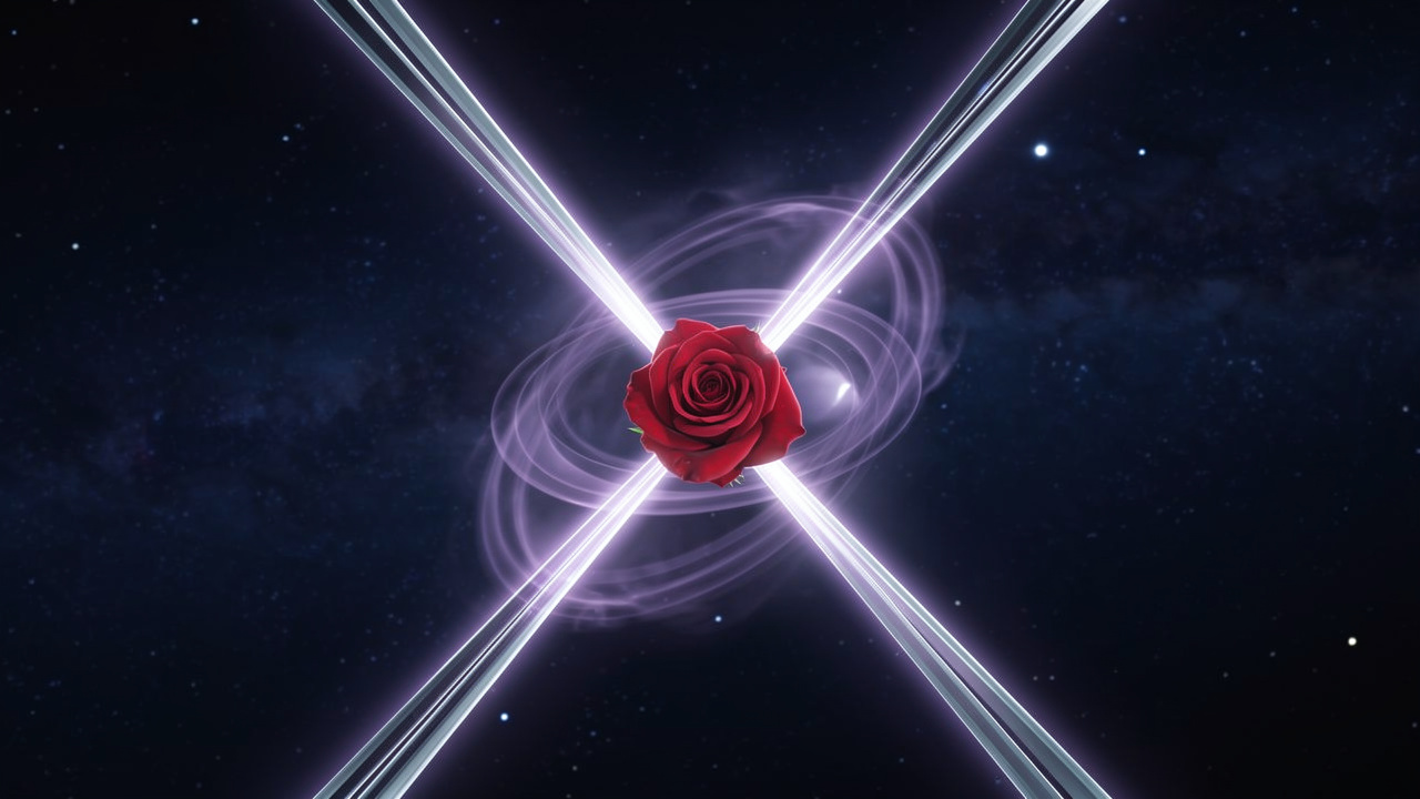 紫の宇宙に交差する2つの光と中央に咲く薔薇・対立する解釈の象徴