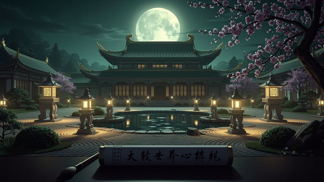 月明かりに浮かぶ宮殿の屋根と灯籠・遠景の風景