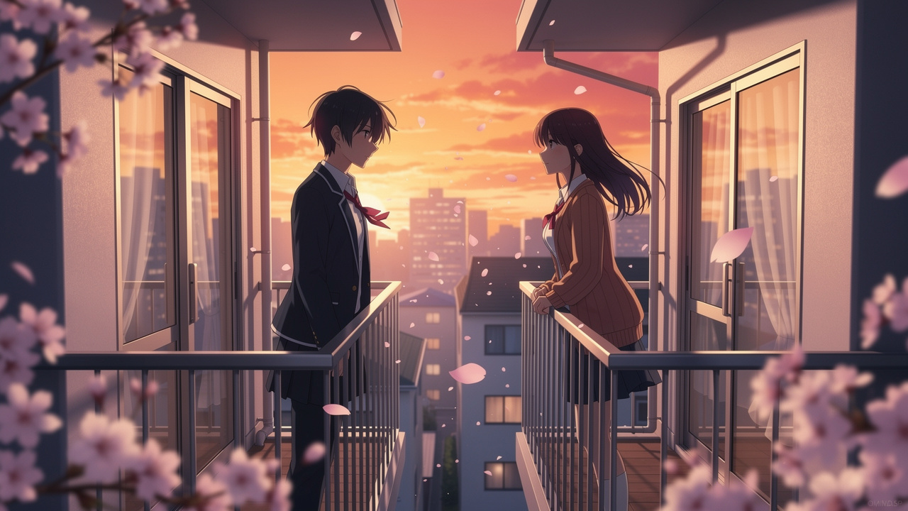 桜の咲く春の夕暮れ、隣り合うマンションのベランダに対称的に佇む高校生の二人のシルエットが心の距離を象徴する幻想画