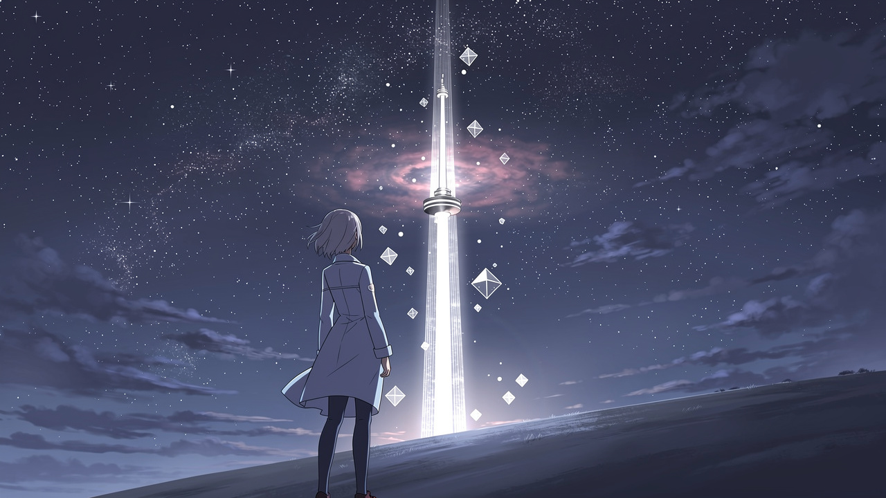 夜空の星座を見上げる人物のシルエットと、塔を思わせる縦長の光の柱を描いたコンセプトイラスト