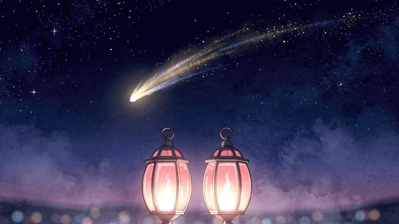 夜空に浮かぶ星々と、双子の絆を象徴する2本のともしび