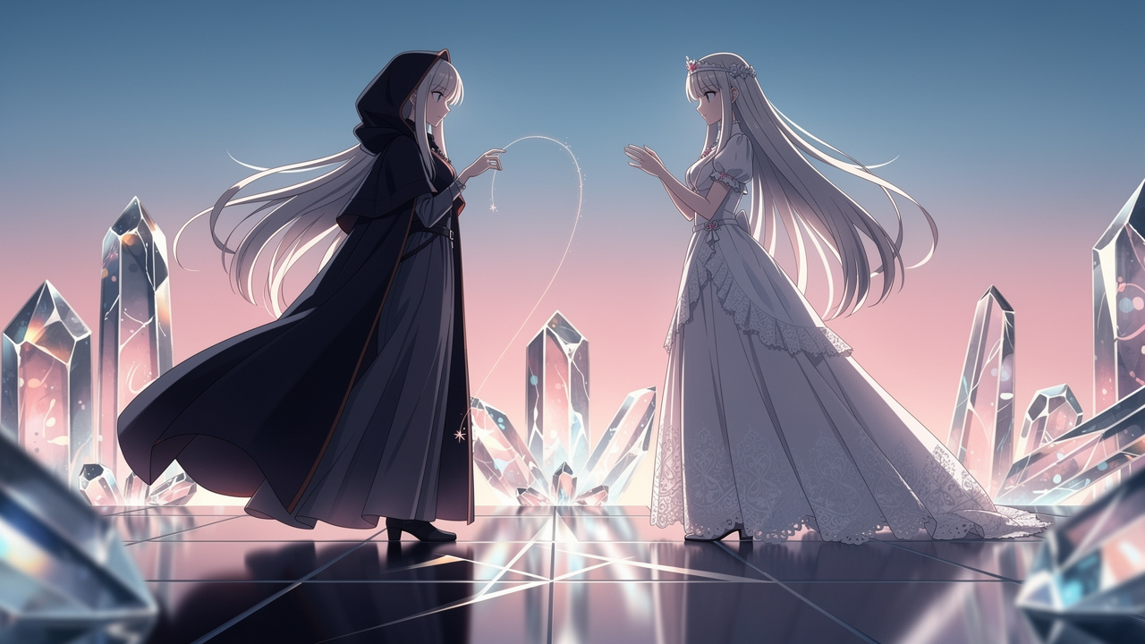 銀色の長い髪を風になびかせる二人の少女のシルエットが対称的に向き合う、淡い夕暮れ色のファンタジー幻想画