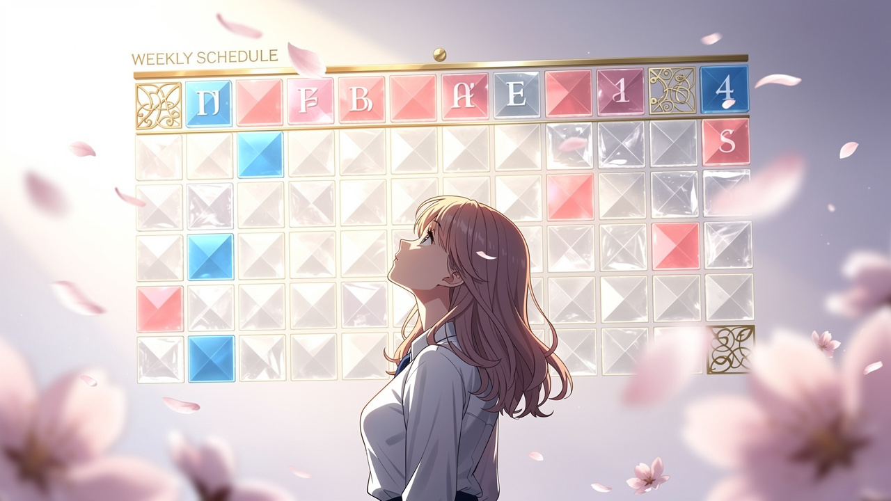 週間スケジュール表を見上げる少女と舞う桜の花びら