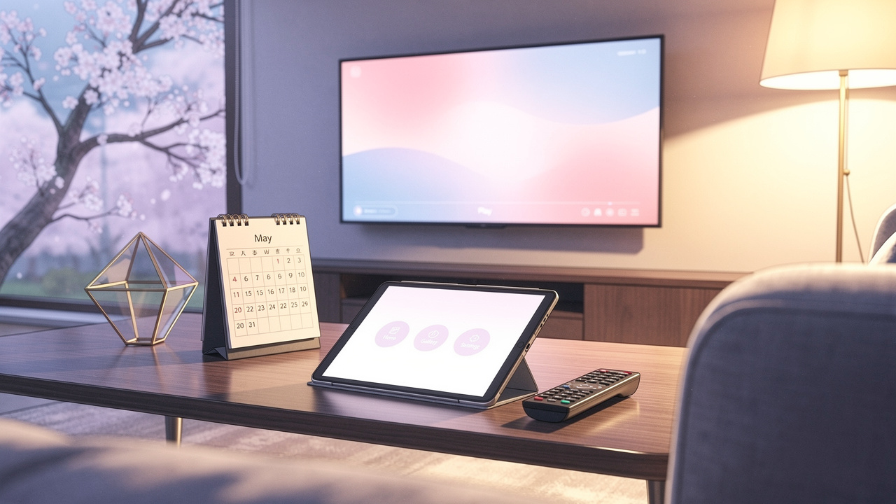 カレンダーとリモコンと光るタブレットがある夜のくつろいだ部屋