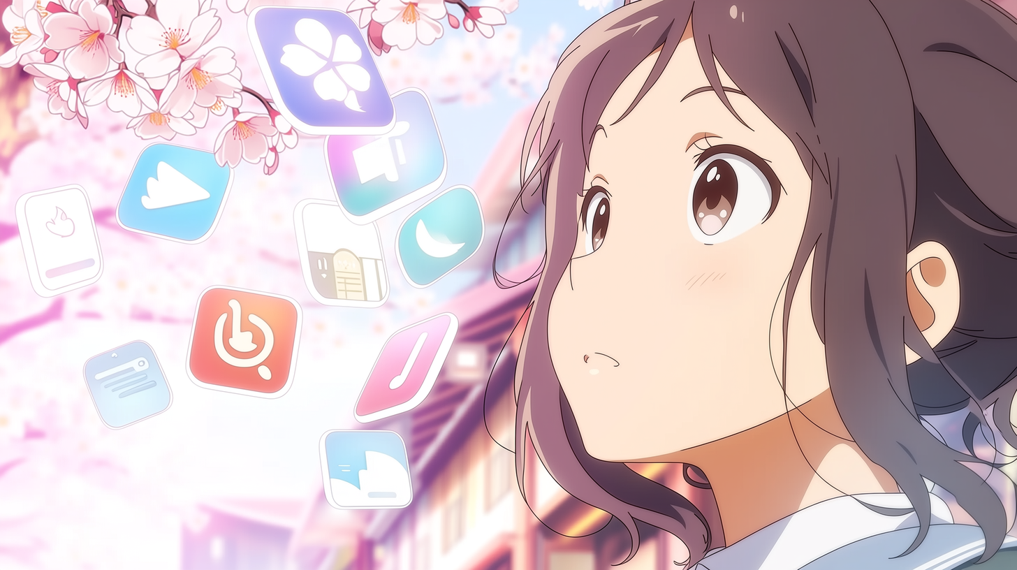 桜舞う街並みで複数のVODアプリアイコンを並べる女の子のアニメイラスト