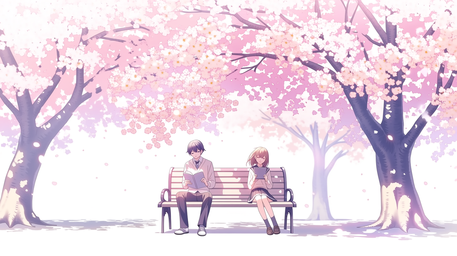 桜の木の下でラノベと漫画を読む少年とタブレットでアニメを見る少女のアニメイラスト