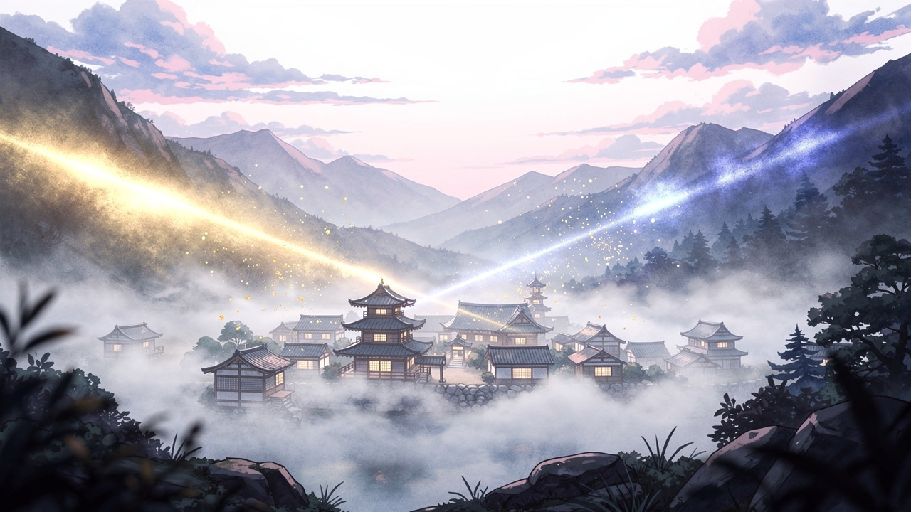 結界に隔絶された山あいの村と、夜と昼を分かつ光が落ちる空