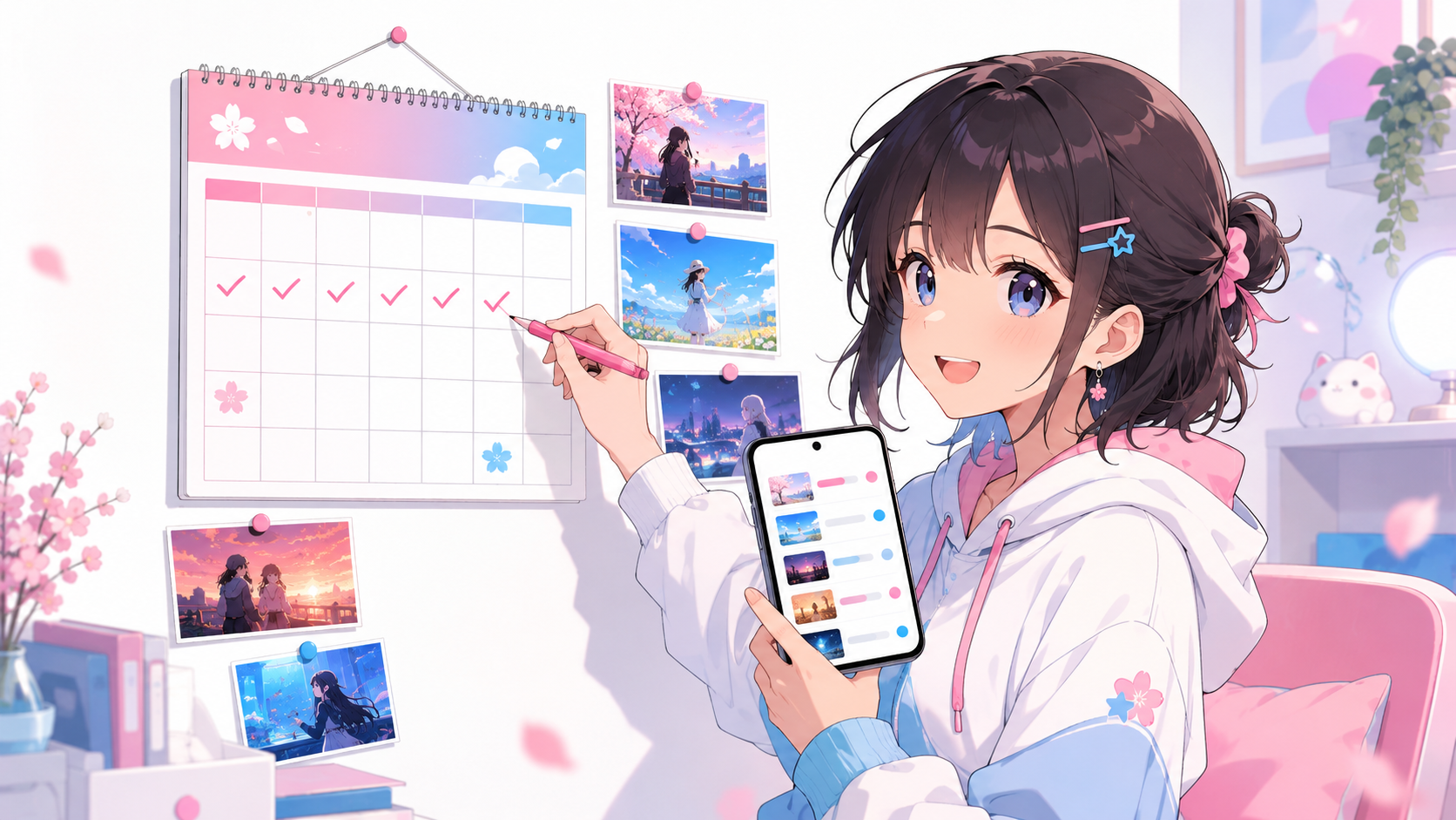 カレンダーに視聴予定を書き込み、もうすぐ終了の作品をチェックする様子