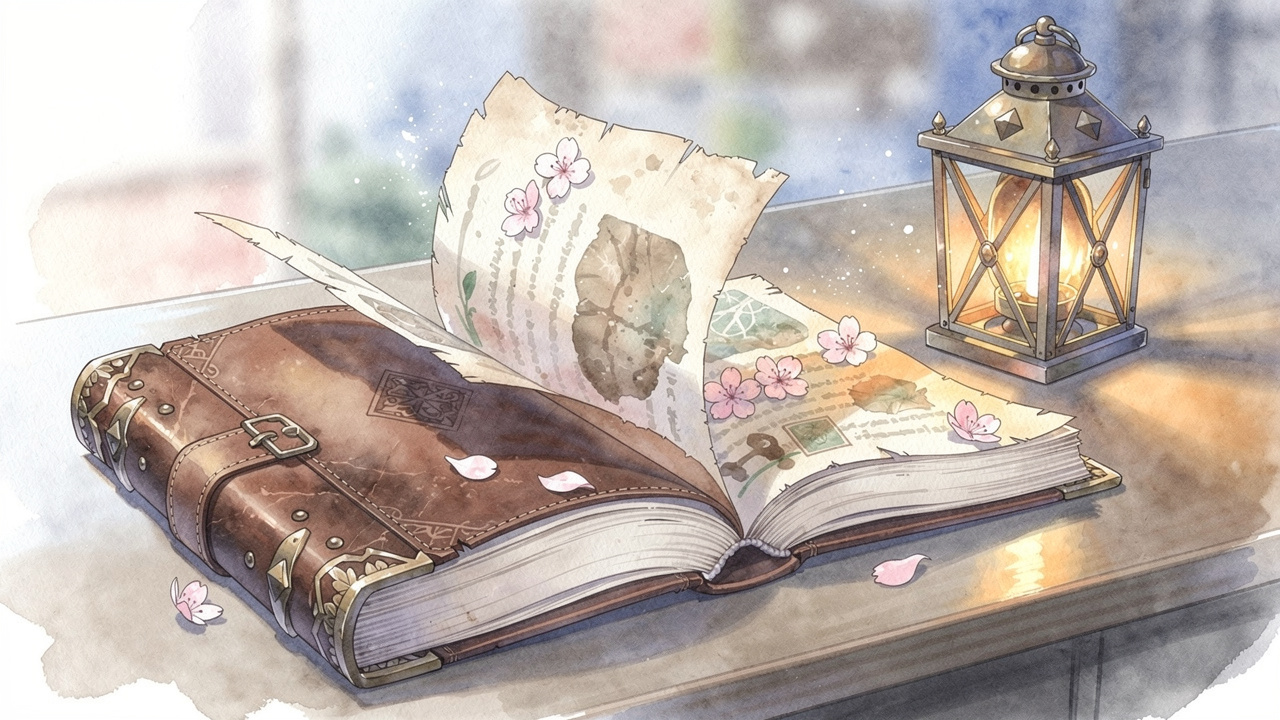 古い革表紙の魔法書と桜の花びらが舞う、物語の節目を象徴するイメージ