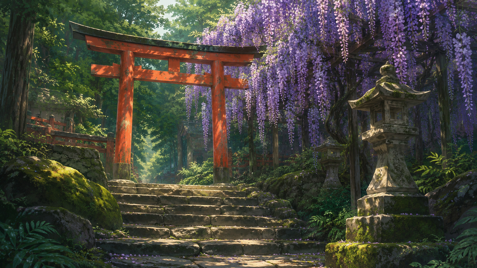 苔むした石段と朱色の鳥居、傍らに咲く藤の花を描いた静かな神社の風景