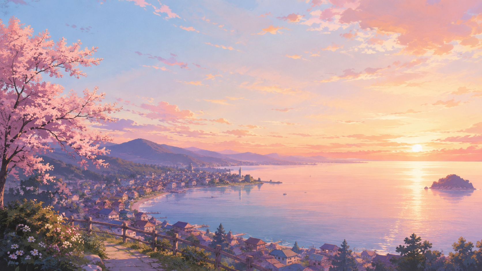 高台から夕暮れの湖と山あいの町を見下ろす情景