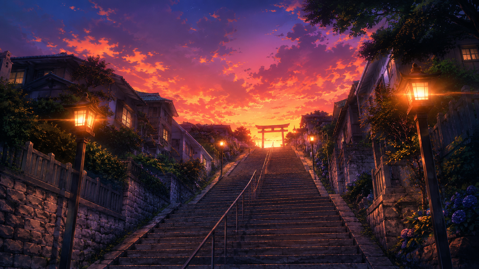 鮮やかな黄昏の空の下、東京の住宅街に続く長い石の神社階段を見上げた風景