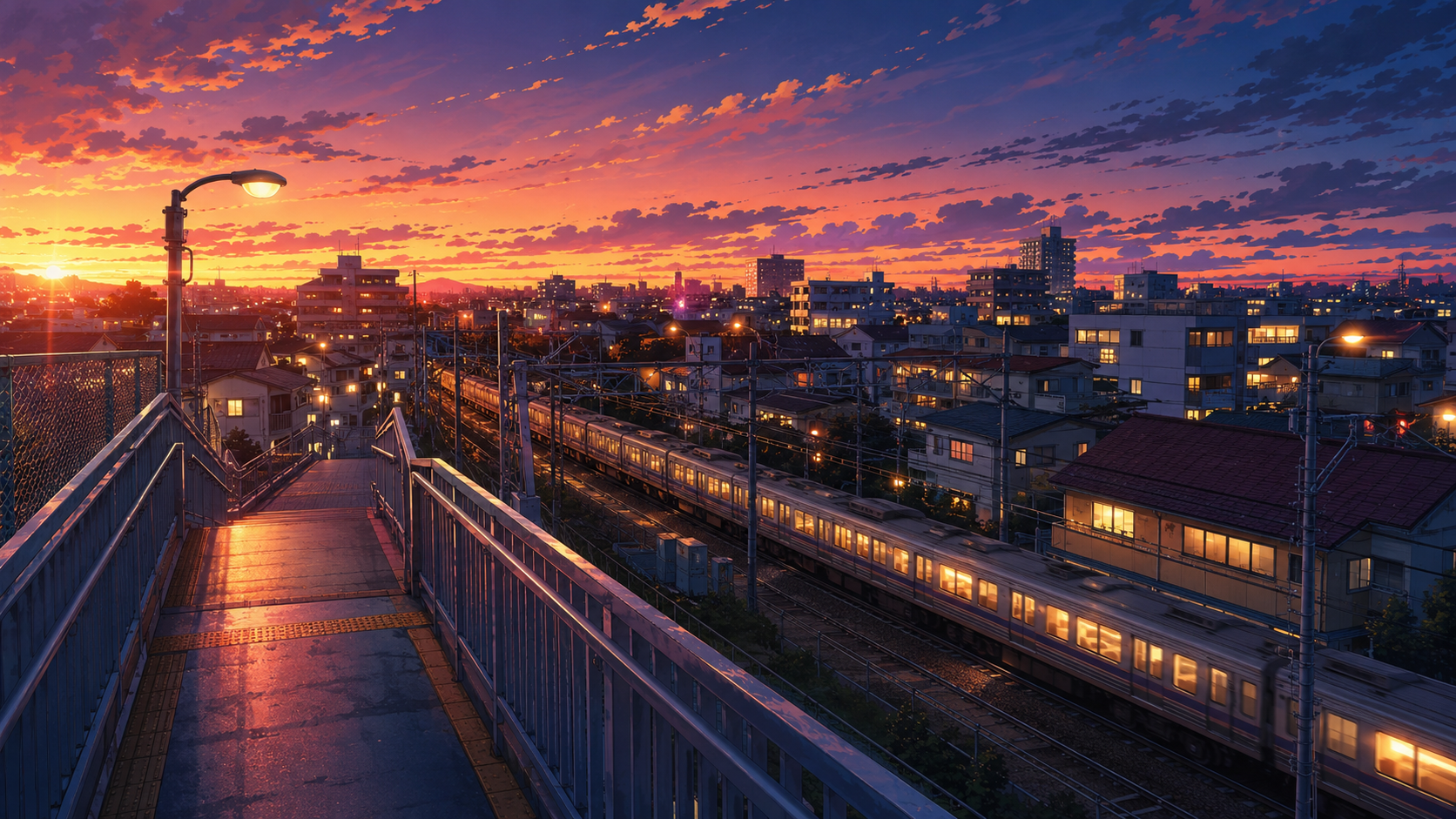 黄昏の空の下、線路をまたぐ歩道橋から東京の街並みを見渡す風景