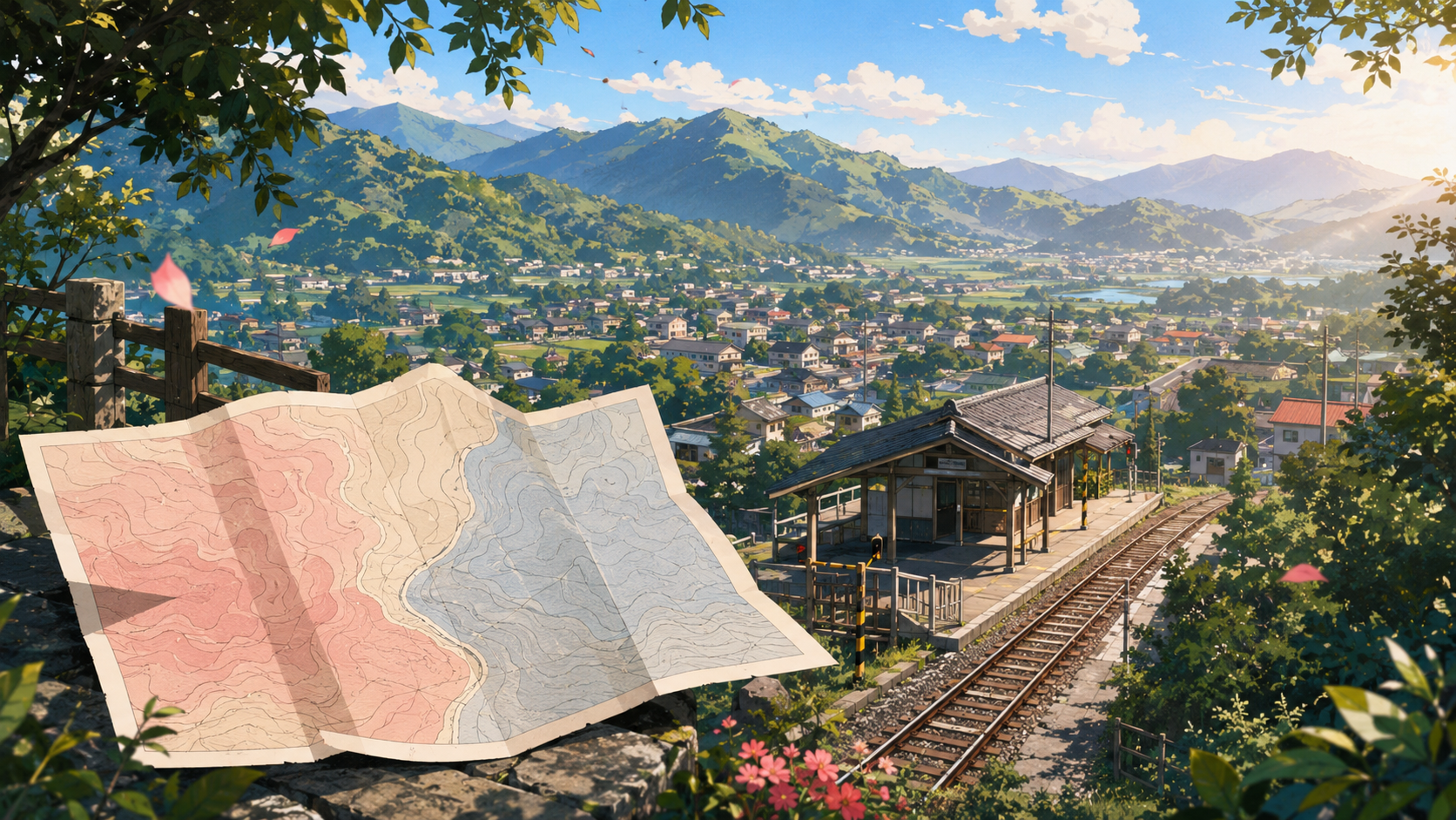 黄昏時の飛騨の山あいの町並みと小さな駅を高台から見下ろす風景