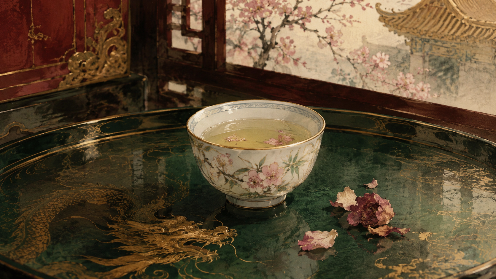 淡い薬湯を満たした陶器の小杯と数枚の乾いた花弁が象徴する、毒を見極める猫猫の一杯