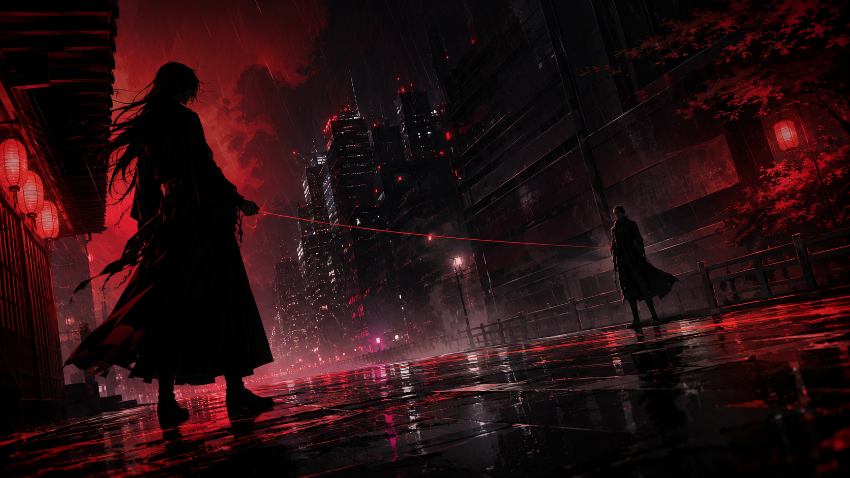 夜の都市を背景に、向き合う二つの影と張り詰めた赤い糸を描いた象徴的なイメージ