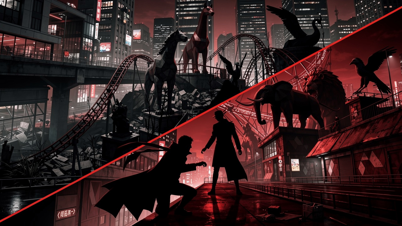 深紅と黒のノワール調で、夜の都市を背景に対峙する二つの勢力のシルエット。遊園地の動物モチーフの影が並ぶ象徴的な構図