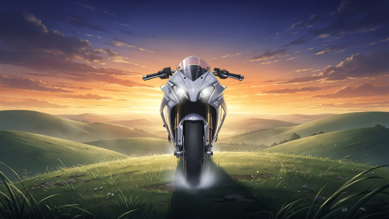 夕日に染まる丘の上で前方を見据える、欧風ファンタジーのエアバイクのシルエット