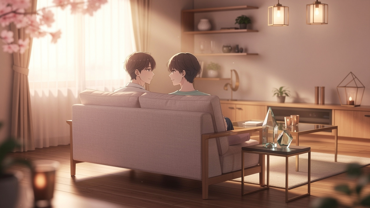 穏やかな日差しの居間で、若々しい父と息子が並んで語らう温かな情景