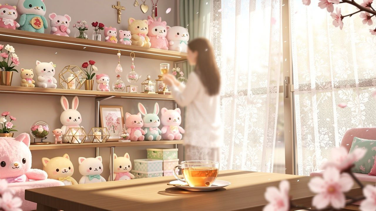可愛らしい小物に囲まれた明るい部屋で微笑む母親の象徴的な情景