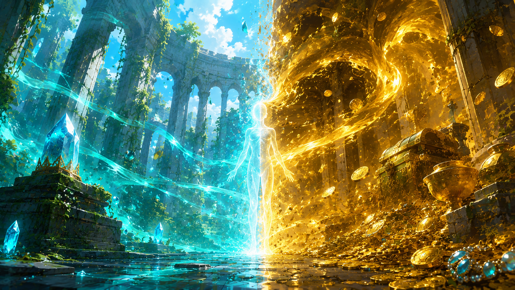 二つの相反する光の間に静かに立つ、フードを半分脱いだ若者を描いたオリジナルイメージ