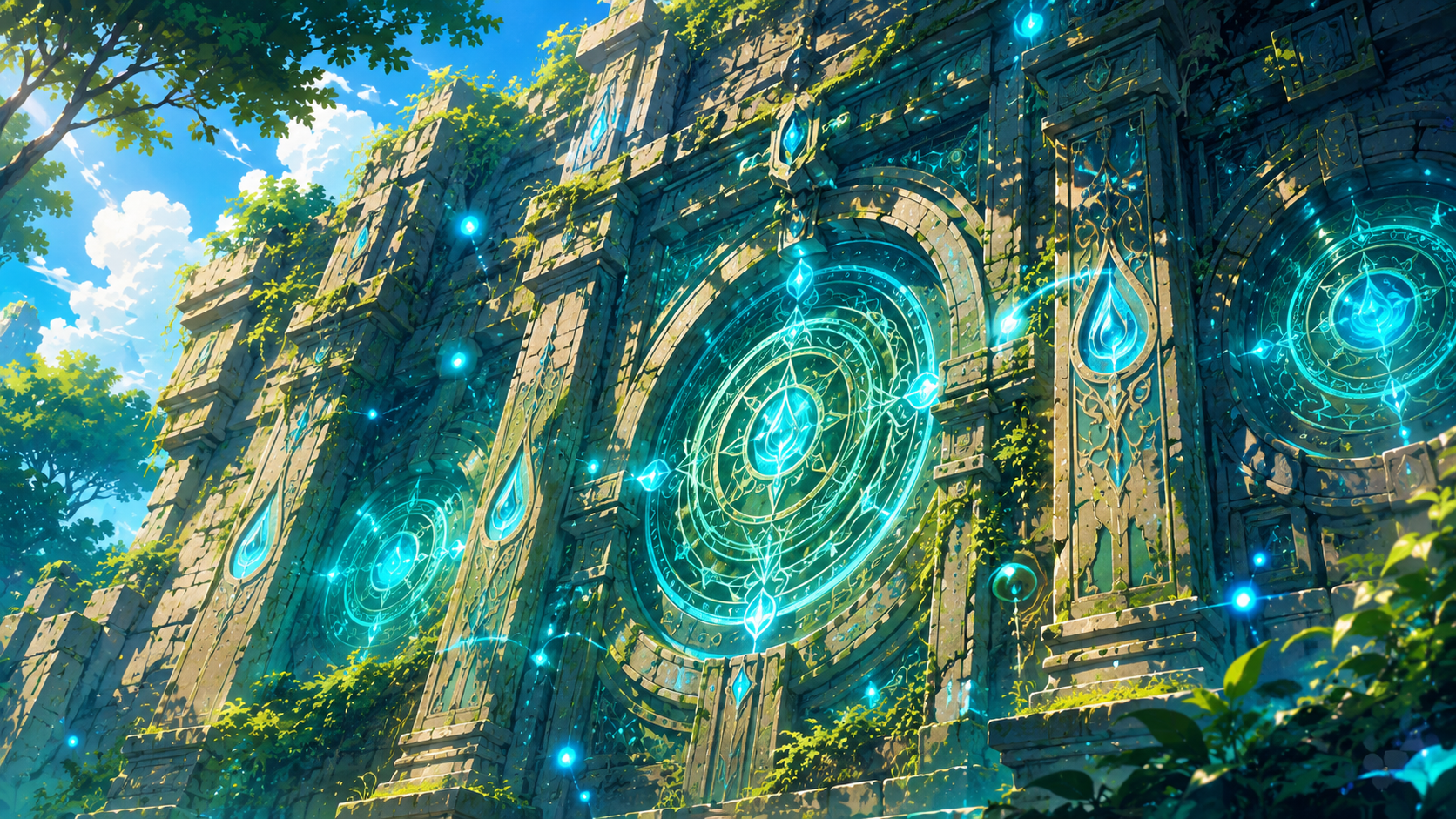 古代遺跡の石壁に走る発光する魔法陣が象徴する、第9話で突然作動した防衛機構