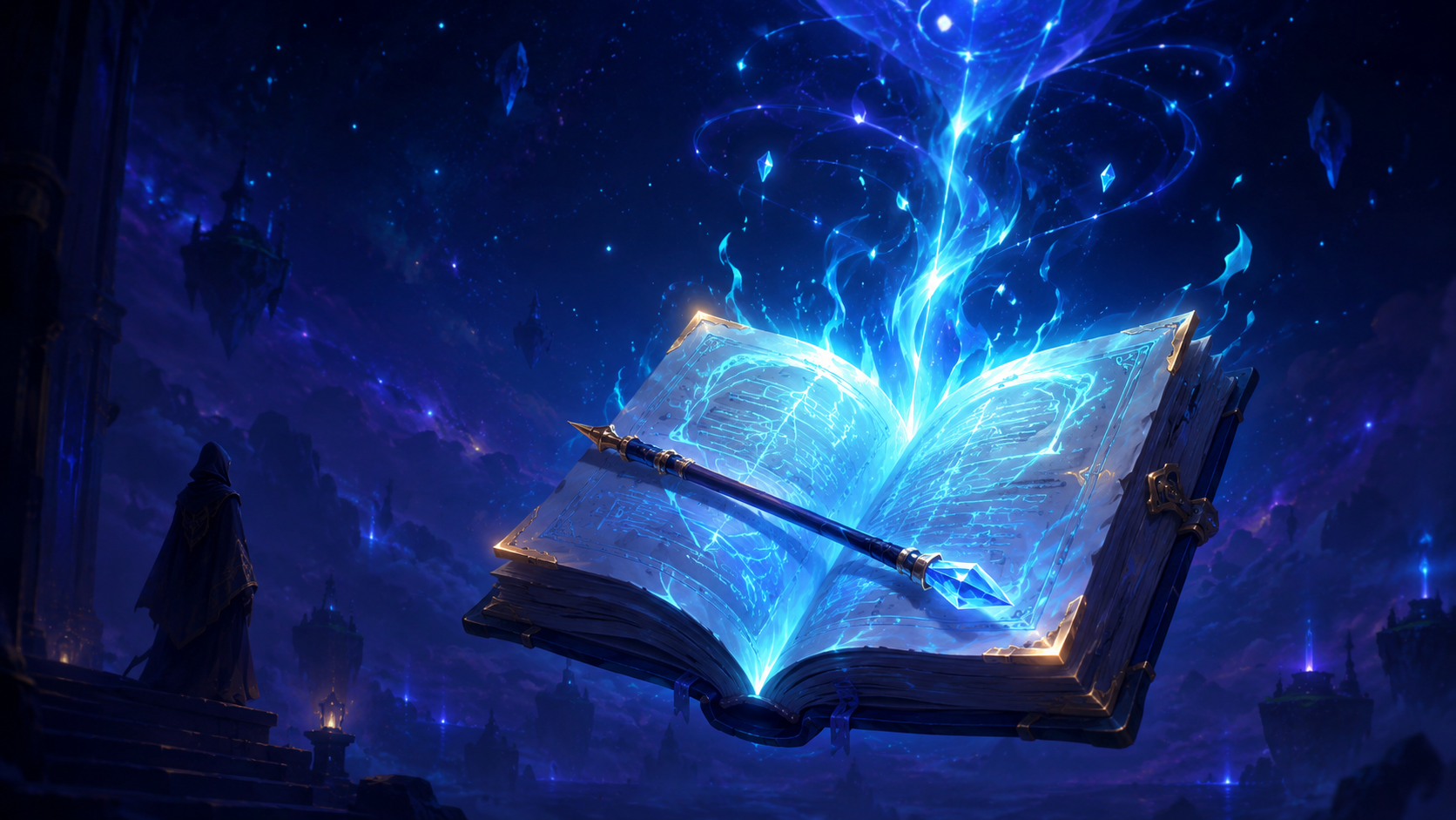 宙の魔導書から立ち昇るルーンと杖、見守るフードの師の影が象徴する、第20話の転機