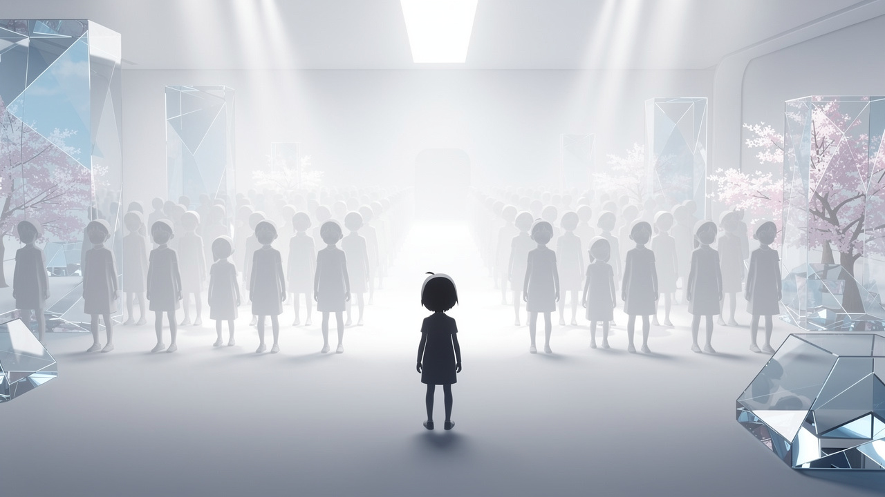 大勢の子どものシルエットが少しずつ消えていき最後に一人だけ残る情景