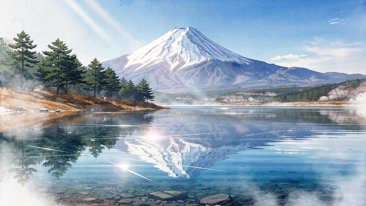 冬の澄んだ空の下、富士山と逆さ富士を映す静かな本栖湖の湖畔の風景